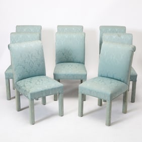 Set of Eight Blue Silk Damask Upholstered Dining Chairs
