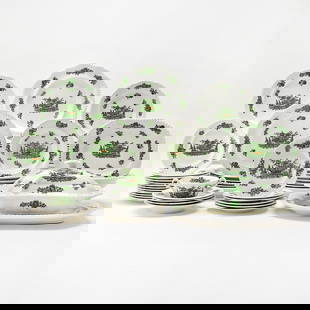Large Assembled Spode Porcelain "Green Basket" Pattern Dinner Service: Comprising: Twenty-four dinner plates, diameter 10 3/4 inches Six soup bowls, diameter 9 inches Twelve luncheon plates Sixteen salad plates Teapot Two covered tureens etc. Approxima