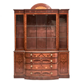 George III Style Tulipwood-Banded Marquetry Inlaid Satinwood Breakfront Secretary Bookcase