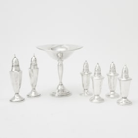 Group of American Sterling Silver Salt and Pepper Shakers Together with a Sterling Silver Compote