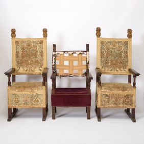 Pair of Italian Renaissance Parcel Gilt Walnut Armchairs Together with another Italian Renaissance