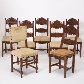 Assembled Set of Seven Italian Renaissance Style Walnut Dining Chairs