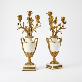 Pair of Louis XVI Style Gilt Bronze Alabaster Candelabras