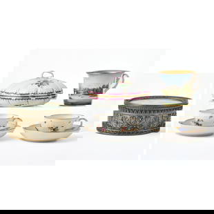 Group of Table Articles: Comprising a metal lady's dressing box, unmarked, diameter 3 3/4 inches; two Meissen porcelain teacups and saucers; a porcelain cup, cracked, height 3 1/2 inches; and a Herend covered box, diameter 6