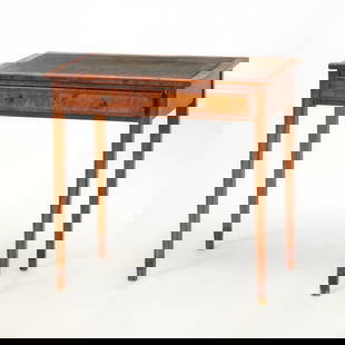 Continental Inlaid Satinwood Side Table: 19th Century Height 28 3/4 inches, width 30 inches, depth 18 1/2 inches.  tears to leather; lifting, losses, and cracking to veneer; nail polish stain to top