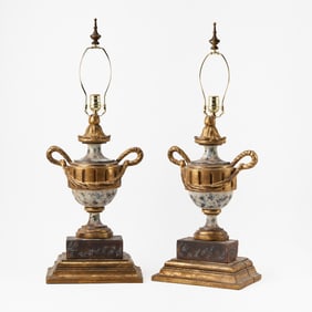 Pair of Italian Neoclassical Style Parcel Gilt and Painted Wood Table lamps