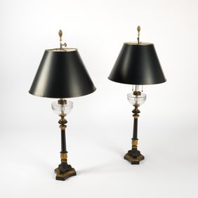 Pair of Neoclassical Style Patinated and Gilt Metal and Glass Table Lamps