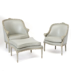 Two Louis XVI Style Bergeres and Ottoman en Suite