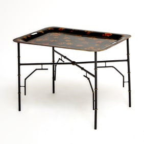 Italian Tole Tray on Painted Metal Faux Bamboo Stand