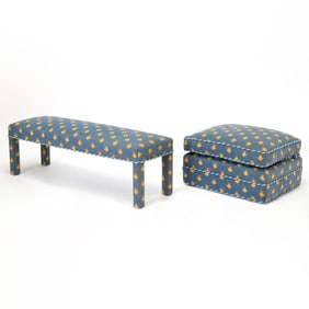 Modern Blue and Maize Needlework Upholstered Bench Together with an Ottoman en Suite