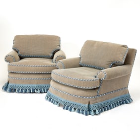 Pair of Modern Grey and Blue Chord Upholstered Club Chairs