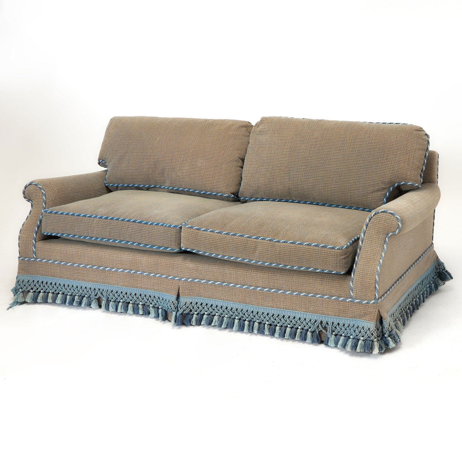 Upholstered Cut Velvet and Rope Cord Sofa: Height 28 inches, width 6 feet 5 inches, depth of seat 20 inches.