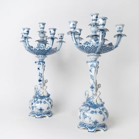 Pair of Royal Copenhagen Blue Fluted Lace Porcelain Six-Light Candelabra