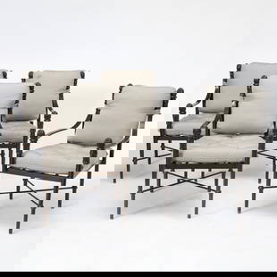 Set of Four Metal Outdoor Armchairs: Probably Murray's Iron works With custom cushions by Joshua Janson. Height 36 inches, width 24 inches, depth 22 1/8 inches. Please note the description for this lot was updated on Monday July 28.