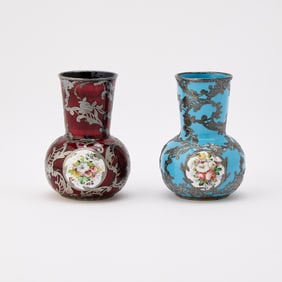 Assembled Pair of Viennese Silver-Inlaid Enamel Vases