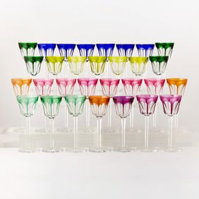 Group of Thirty Baccarat 'Harcourt' Pattern Blown Colored Cut to Clear Glass Rhine Wine Glasses