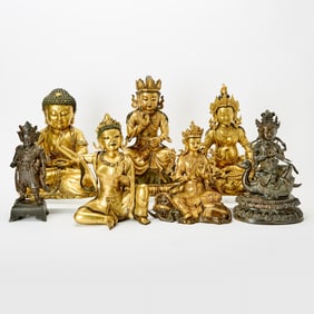 Group of Seven Sino-Tibetan and Chinese Style Bronze Sculptures