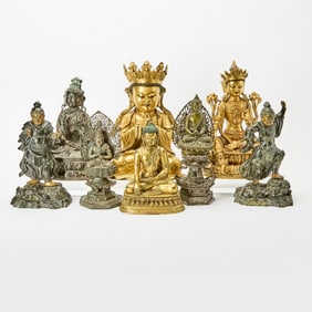 Group of Eight Sino-Tibetan and Chinese Style Bronze Sculptures