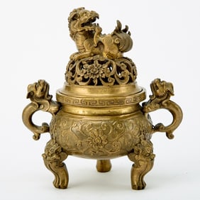 Chinese Gilt Bronze Tripod Censer and Cover