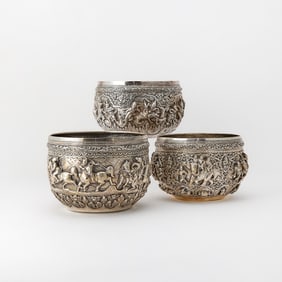 Three Burmese Silver Bowls