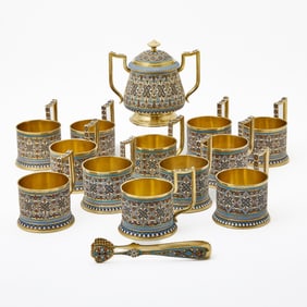 Russian Silver-Gilt and Cloisonné Enamel Partial Tea Service