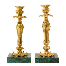 Pair of Russian Gilt-Bronze and Malachite Candlesticks