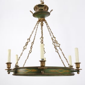 Empire Style Green Tôle and Gilt-Bronze Six-Light Chandelier