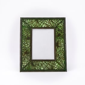 Tiffany Studios Green Patinated Etched Metal and Favrile Glass Photograph Frame
