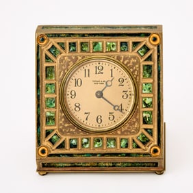 Louis C. Tiffany Furnaces Gilt and Green Enameled Bronze Desk Clock