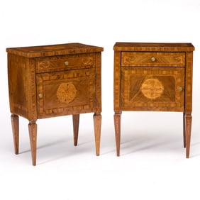 Pair of Northern Italian Neoclassical Walnut, Fruitwood and Tulipwood Marquetry and Parquetry Side