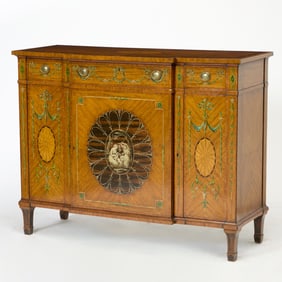 Edwardian Calamander, Tulipwood Inlaid and Polychrome Painted Satinwood Breakfront Side Cabinet