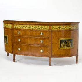 George III Style Painted Polychrome Painted Satinwood Inlaid Demi-Lune Commode