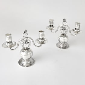 Pair of Georg Jensen Sterling Silver Two-Light Candelabra