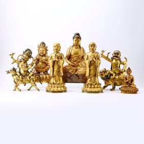 Group of Seven Sino-Tibetan Style Gilt Bronze Buddhist Sculptures