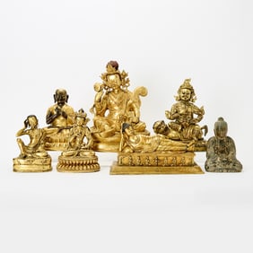 Group of Six Sino-Tibetan Style Gilt Bronze and a Stone Figural Sculpture