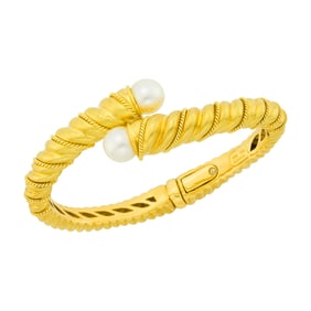 Tiffany & Co. Gold and Cultured Pearl Crossover Bangle Bracelet