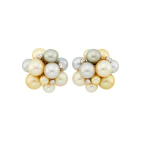Seaman Schepps Pair of Gold, Multicolored Cultured Pearl and Diamond 'Bubble' Earclips