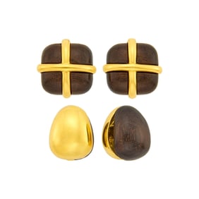 Seaman Schepps Two Pairs of Gold and Wood Earclips