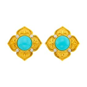 Pair of Gold, Turquoise and Diamond Earrings
