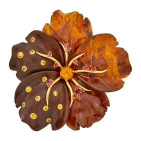 Seaman Schepps Oversized Gold, Carved Wood and Jasper and Colored Stone Flower Clip-Brooch