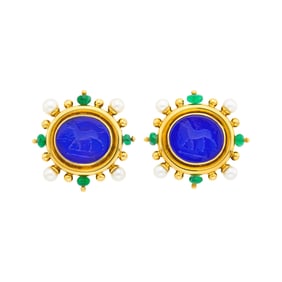 Elizabeth Locke Pair of Gold, Blue Glass Intaglio, Mother-of-Pearl, Emerald Bead and Cultured Pearl