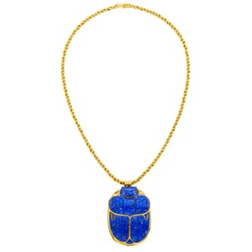 Gold and Carved Lapis Scarab Pendant with Gold Chain Necklace