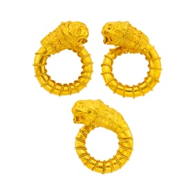 Pair of High Karat Gold Coiled Chimera Earclips and Pin
