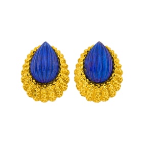 Pair of Gold and Carved Lapis Earclips