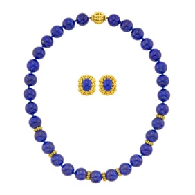 Seaman Schepps Gold and Lapis Bead Necklace and Pair of Earclips