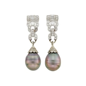 Pair of Platinum, White Gold, Diamond and Tahitian Gray Cultured Pearl Pendant-Earrings
