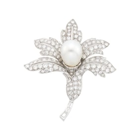 Platinum, Baroque Cultured Pearl and Diamond Flower Clip-Brooch