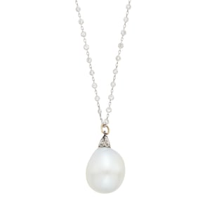 South Sea Cultured Pearl and Diamond Pendant with Long Platinum and Diamond Chain Necklace