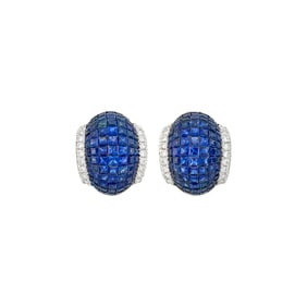 Pair of White Gold, Invisibly-Set Sapphire and Diamond Bombé Earclips