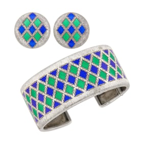 Gianmaria Buccellati Silver and Blue and Green Enamel Cuff Bangle Bracelet and Pair of Button